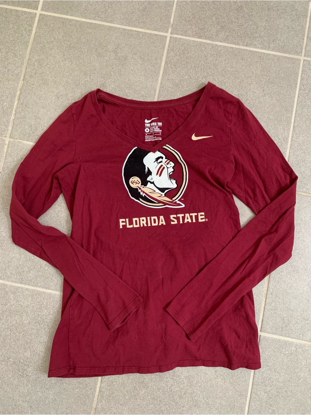 Nike Florida State Seminoles FSU Maroon V-Neck Long Sleeve Tee Size M